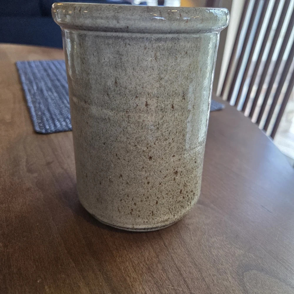 Pottery Crock Marked 'Spoons' Tan/Gray Glaze With Blue Wheat Sheafs